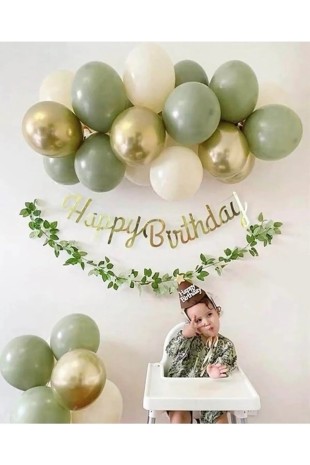 Bkmc Küf Yeşili Krom Gold Balon Gold Happy Bırthday Kaligrafi Banner Küçük Zincir Set